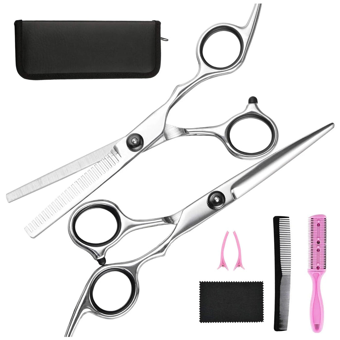 7-teiliges Friseurscheren-Set aus Edelstahl mit Haarschere, Effilierschere, Kämmen und Etui für zu Hause und Salon – ca. 17 cm, Rechtshänder