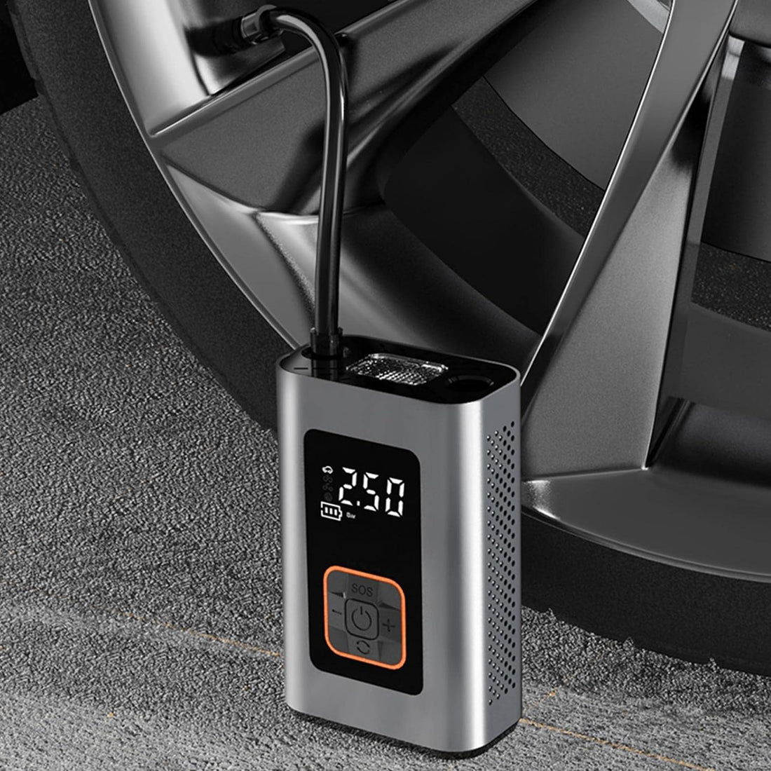 Akku-Kompressor mit Digitalanzeige und Powerbank-Funktion für Autoreifen, Fahrrad und Bälle – bis 140 PSI, Abschaltautomatik, LED-Licht, USB-C