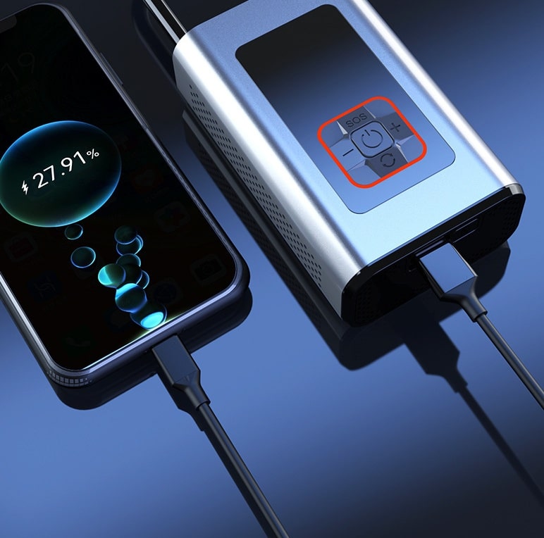 Akku-Kompressor mit Digitalanzeige und Powerbank-Funktion für Autoreifen, Fahrrad und Bälle – bis 140 PSI, Abschaltautomatik, LED-Licht, USB-C