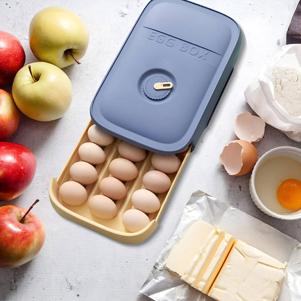 Stapelbare Eierbox mit Schublade für 12 Eier für Kühlschrank und Vorratsschrank – ausziehbar, Datumsrad, BPA-freier Kunststoff, Blau oder Grün