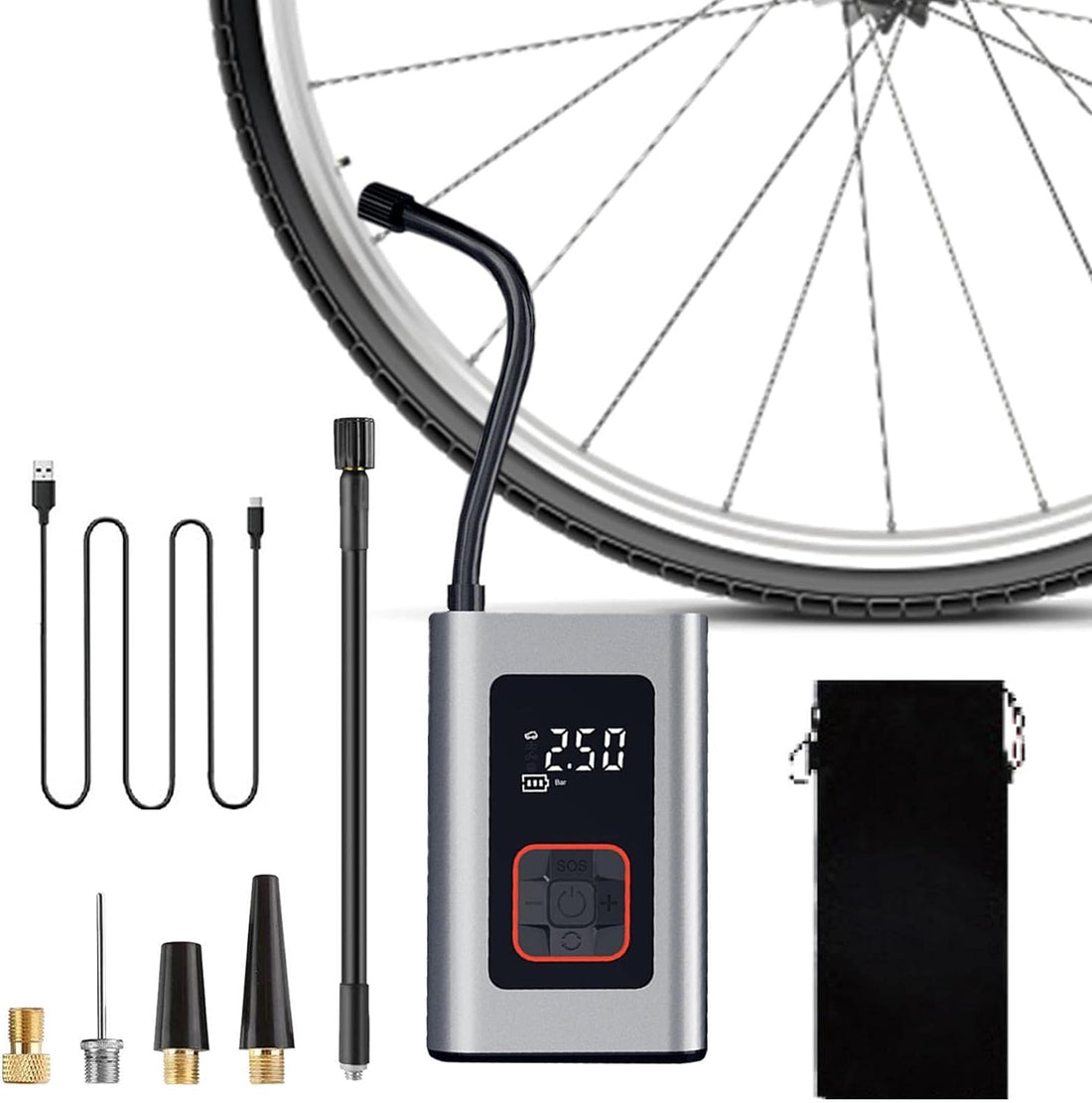 Akku-Kompressor mit Digitalanzeige und Powerbank-Funktion für Autoreifen, Fahrrad und Bälle – bis 140 PSI, Abschaltautomatik, LED-Licht, USB-C