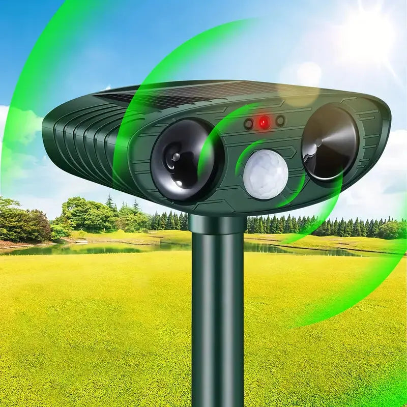 Solar-Tiervertreiber mit Ultraschall und LED-Blitzlicht für Garten und Außenbereich – Bewegungsmelder bis 8 m, 110°, IP44, Erdspieß oder Wandmontage