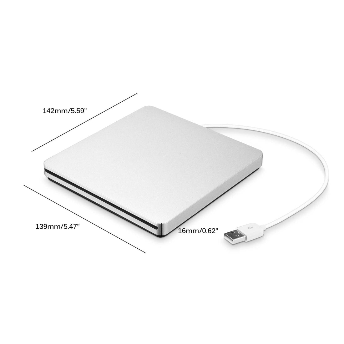 Externer Slot-in-DVD-Brenner mit USB für Laptop und PC ohne Laufwerk – Einzug ohne Schublade, flach, 142 × 139 × 16 mm, Silber