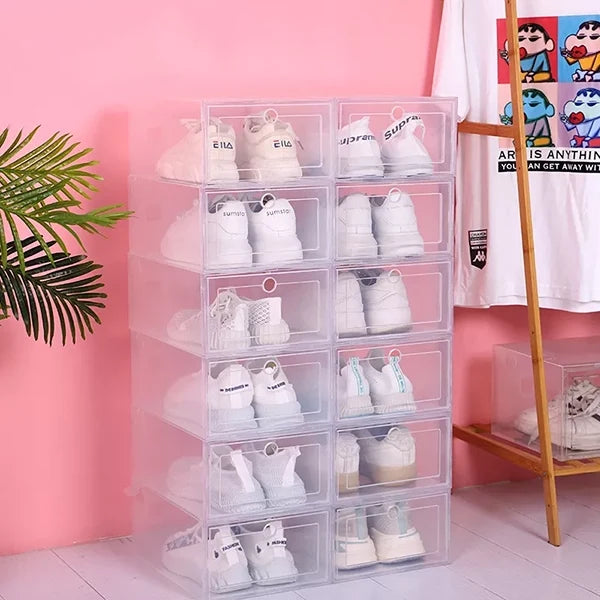 Transparente Schuhboxen aus Kunststoff im 6er-Set für den Kleiderschrank – stapelbar, für verschiedene Schuhgrößen, S 31 × 21,5 cm oder M 33 × 24 cm