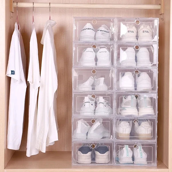 Transparente Schuhboxen aus Kunststoff im 6er-Set für den Kleiderschrank – stapelbar, für verschiedene Schuhgrößen, S 31 × 21,5 cm oder M 33 × 24 cm
