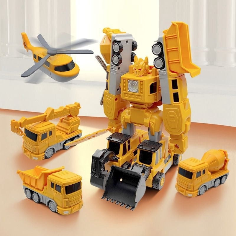 Magnetisches Baufahrzeug-Set zum Kombinieren zu einem großen Roboter – 8 Fahrzeuge, 35 Teile mit Zubehör und Aufbewahrungsbox, ohne Batterien, Gelb