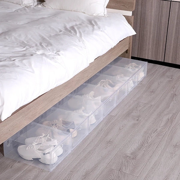Transparente Schuhboxen aus Kunststoff im 6er-Set für den Kleiderschrank – stapelbar, für verschiedene Schuhgrößen, S 31 × 21,5 cm oder M 33 × 24 cm