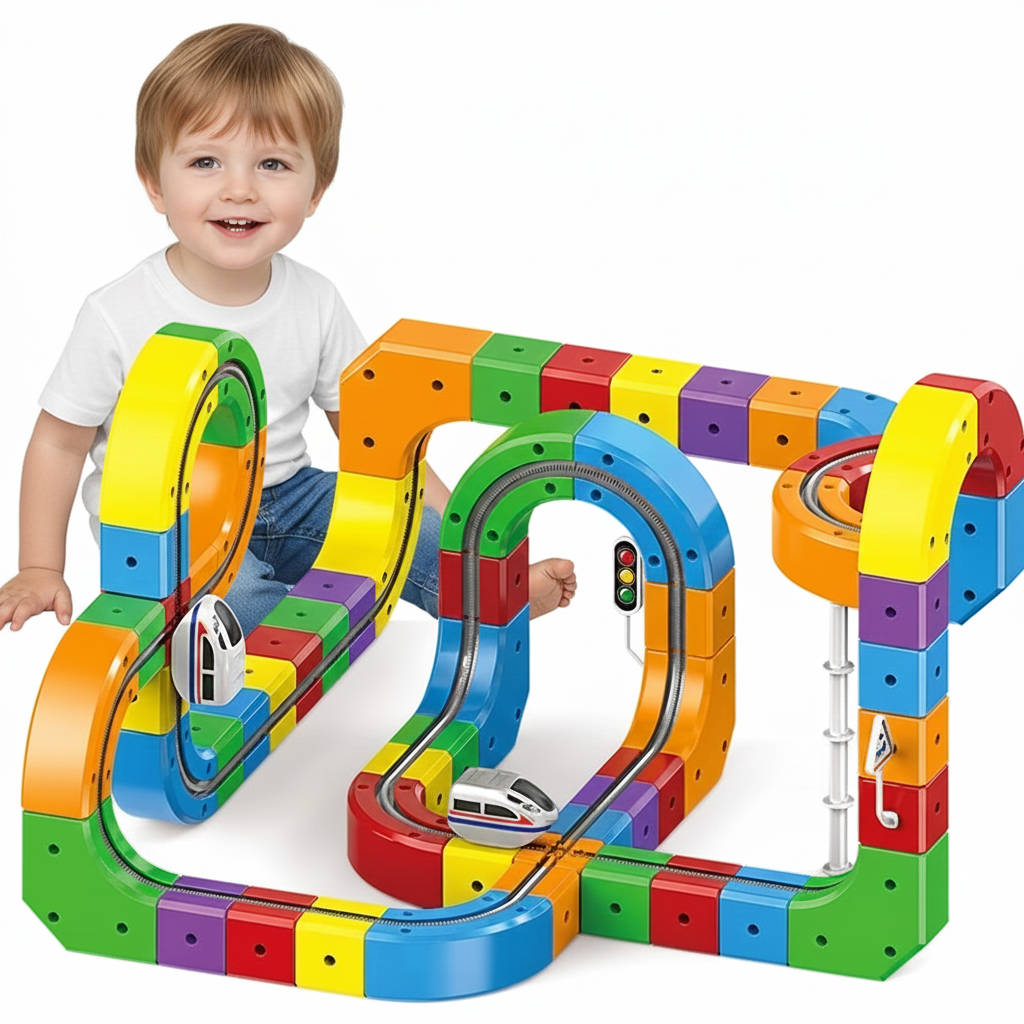 Bausteinbahn mit Würfel-Schienenteilen und Spielzeugzug für Kinderzimmer und Spielecke – 3D-Strecke mit Kurven, Kreuzung und Etagen, 51 oder 81 Teile