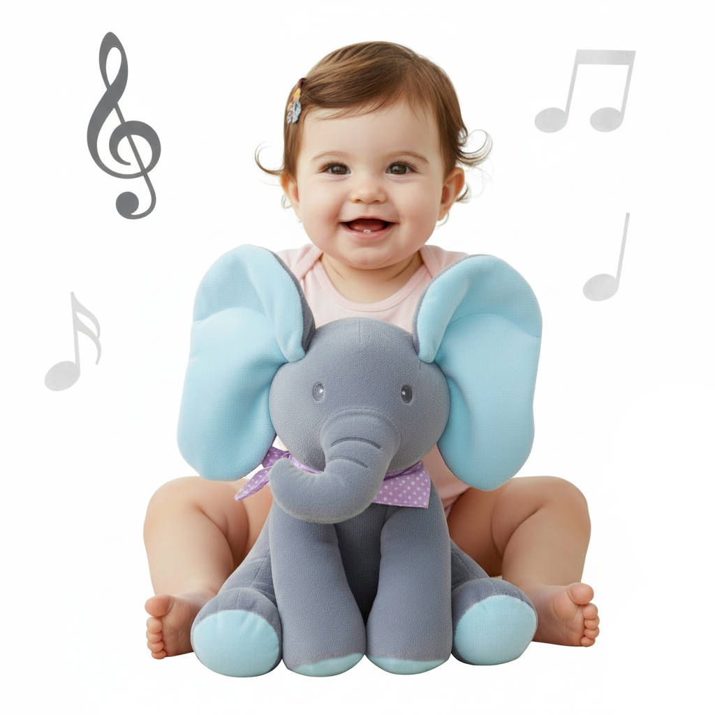 Singender Plüsch-Elefant mit Kuckuck-Spiel für Kleinkinder zu Hause und unterwegs – bewegliche Ohren, 2 Lieder, Blau oder Rosa