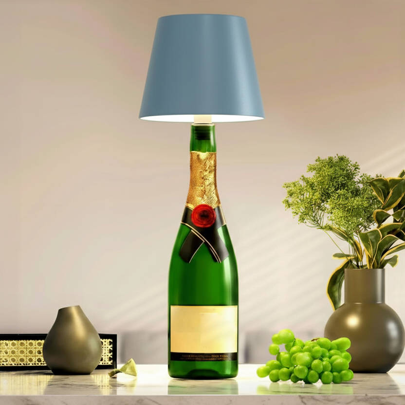 Kabellose LED-Flaschenlampe als Aufsatz für Weinflaschen auf Esstisch und Theke – RGB-Farben, dimmbar, Akku, 5 Farben