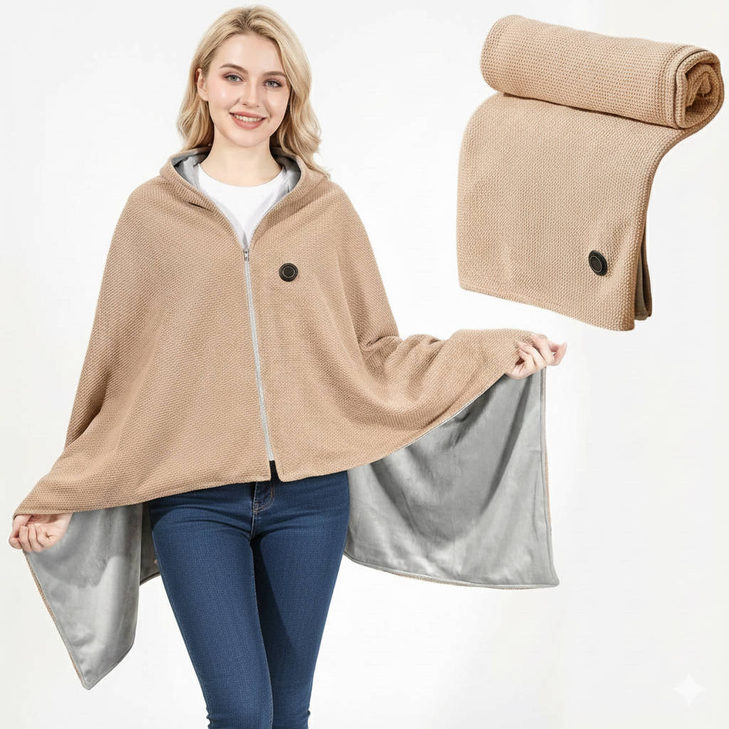 Tragbare beheizte Schulterdecke mit USB-Anschluss für Sofa, Büro und kalte Abende – 150 × 80 cm, Carbonfaser-Heizung, Khaki, Grün oder Rot