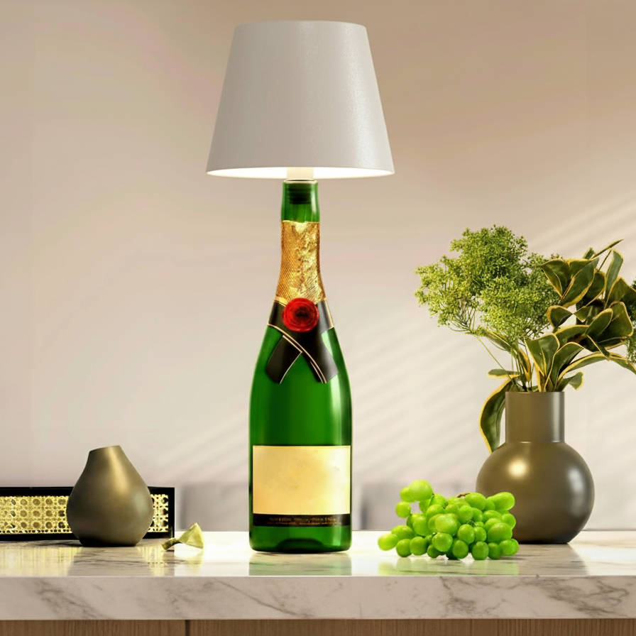 Kabellose LED-Flaschenlampe als Aufsatz für Weinflaschen auf Esstisch und Theke – RGB-Farben, dimmbar, Akku, 5 Farben
