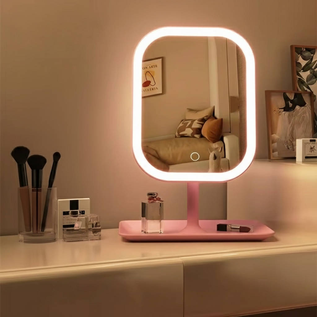 LED-Schminkspiegel mit Standfuß und Ablageschale für Schminktisch und Bad – 270° drehbar, hoch oder quer, per USB aufladbar, Weiß oder Rosa