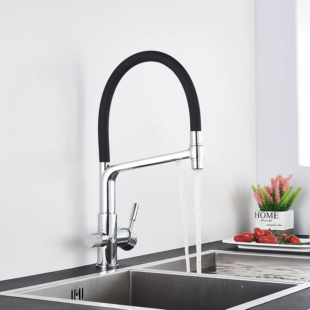 Küchenarmatur mit Doppelauslauf für gefiltertes Trinkwasser für die Küchenspüle – flexibler Schlauchbogen, 360° drehbar, Messing, 45 cm, 6 Farben