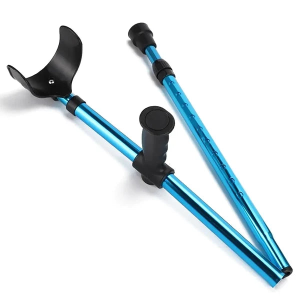 Faltbare Unterarmgehstütze mit Armmanschette, ergonomischem Griff und rutschfester Spitze – höhenverstellbar, leicht, platzsparend zu verstauen, Blau