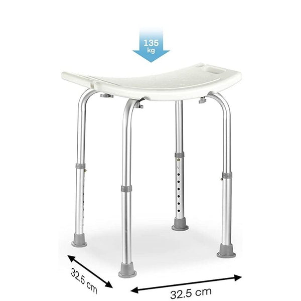 Duschhocker aus Aluminium mit Griffmulden und Brausehalter für Dusche und kleine Bäder – bis 135 kg, 6-fach höhenverstellbar, rutschfeste Füße, Weiß