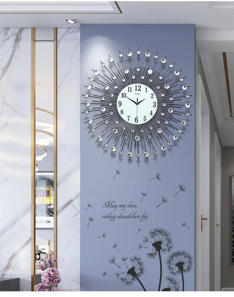 Große Wanduhr aus Metall mit Sonnenstrahl-Design im Vintage-Stil für das Wohnzimmer – 60 bis 80 cm, rund, Steinbesatz, Quarzwerk, Silber