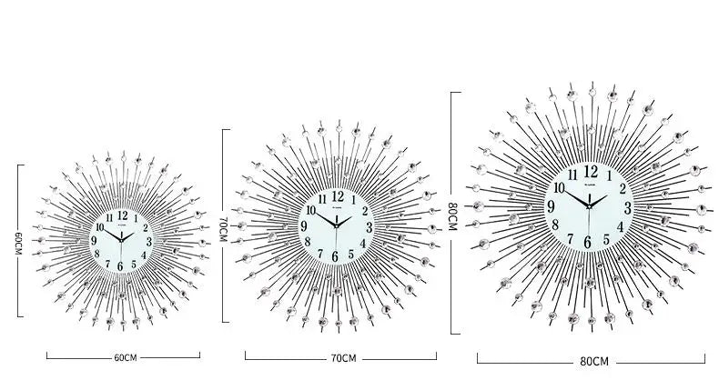 Große Wanduhr aus Metall mit Sonnenstrahl-Design im Vintage-Stil für das Wohnzimmer – 60 bis 80 cm, rund, Steinbesatz, Quarzwerk, Silber