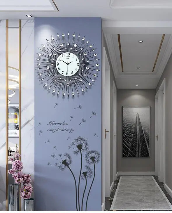 Große Wanduhr aus Metall mit Sonnenstrahl-Design im Vintage-Stil für das Wohnzimmer – 60 bis 80 cm, rund, Steinbesatz, Quarzwerk, Silber