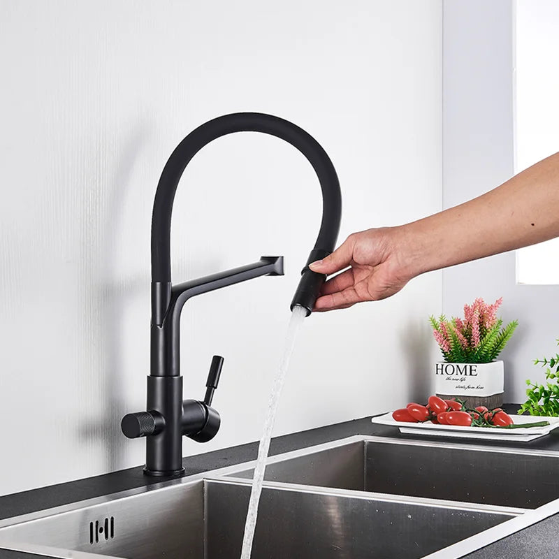 Küchenarmatur mit Doppelauslauf für gefiltertes Trinkwasser für die Küchenspüle – flexibler Schlauchbogen, 360° drehbar, Messing, 45 cm, 6 Farben