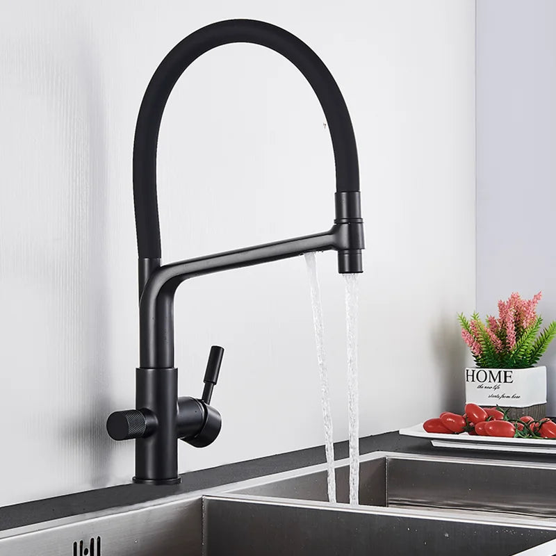 Küchenarmatur mit Doppelauslauf für gefiltertes Trinkwasser für die Küchenspüle – flexibler Schlauchbogen, 360° drehbar, Messing, 45 cm, 6 Farben