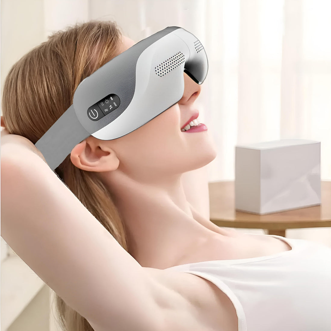 Augenmassagegerät mit Wärme, Luftpolstern und Bluetooth-Lautsprecher für zu Hause und Reisen – 5 Programme, 15-Min.-Timer, faltbar, USB-Akku