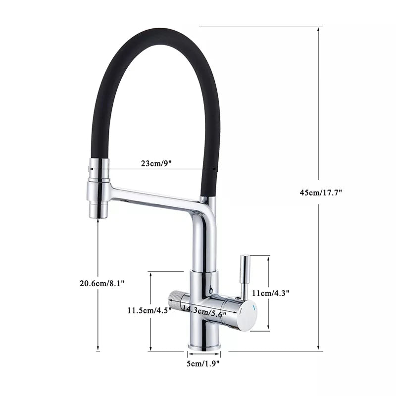 Küchenarmatur mit Doppelauslauf für gefiltertes Trinkwasser für die Küchenspüle – flexibler Schlauchbogen, 360° drehbar, Messing, 45 cm, 6 Farben
