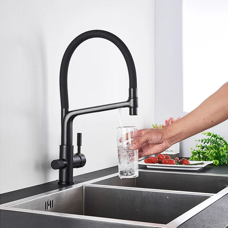 Küchenarmatur mit Doppelauslauf für gefiltertes Trinkwasser für die Küchenspüle – flexibler Schlauchbogen, 360° drehbar, Messing, 45 cm, 6 Farben