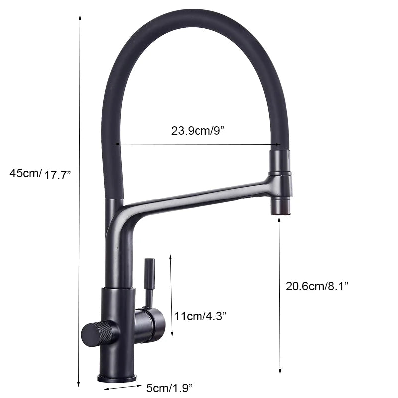 Küchenarmatur mit Doppelauslauf für gefiltertes Trinkwasser für die Küchenspüle – flexibler Schlauchbogen, 360° drehbar, Messing, 45 cm, 6 Farben