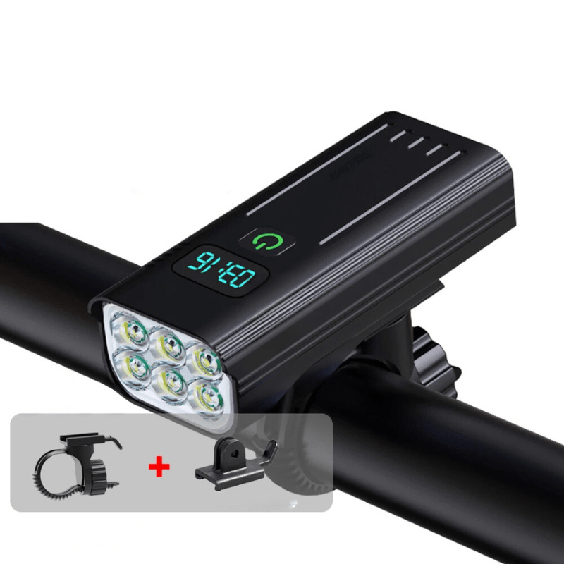 Fahrradlicht mit 6 LEDs und Akku-Anzeige für Lenker und Helm – USB-C-Ladung, Aluminiumgehäuse, 360° drehbare Halterung
