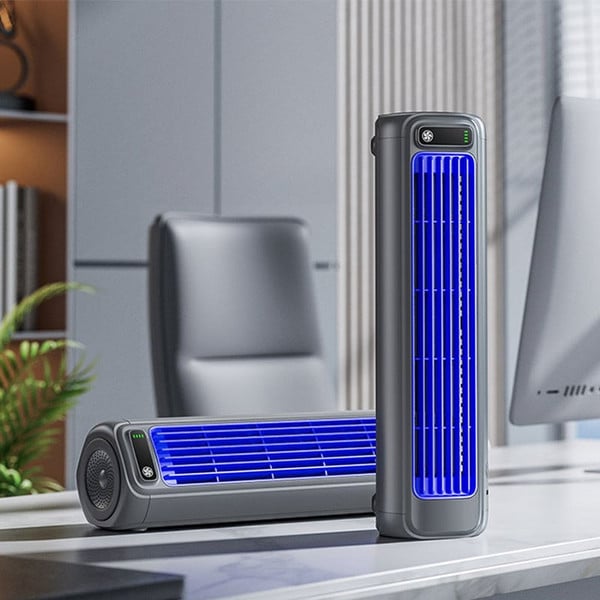 Leiser Akku-Ventilator für Schlafzimmer, Büro und Reisen – 36 dB, 3 Stufen, bis 8 Std. Laufzeit, ca. 9 × 8 × 31 cm, ohne Abluftschlauch, USB