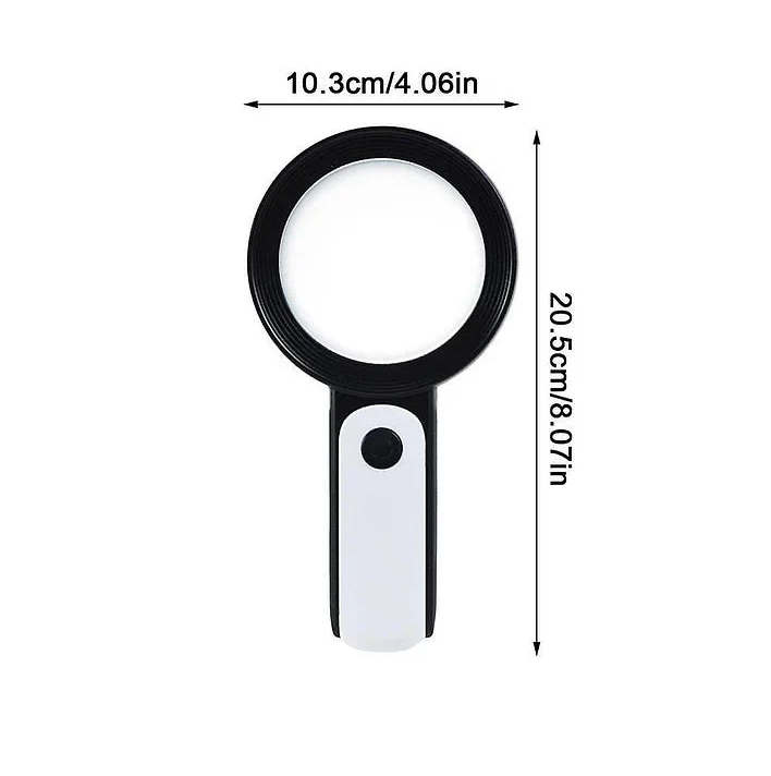 Leselupe mit 30-facher Vergrößerung und 12 LEDs für Senioren zum Lesen und für Hobbys – Acryllinse Ø ca. 6 cm, ABS-Griff, ca. 20,5 × 10,3 cm, 3 × AAA