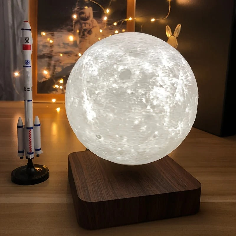 Schwebende Mondlampe mit Magnetschwebetechnik für Schlafzimmer, Büro und Regal – Ø ca. 14 cm, selbst drehend, Sockel in Holzoptik, USB-Betrieb