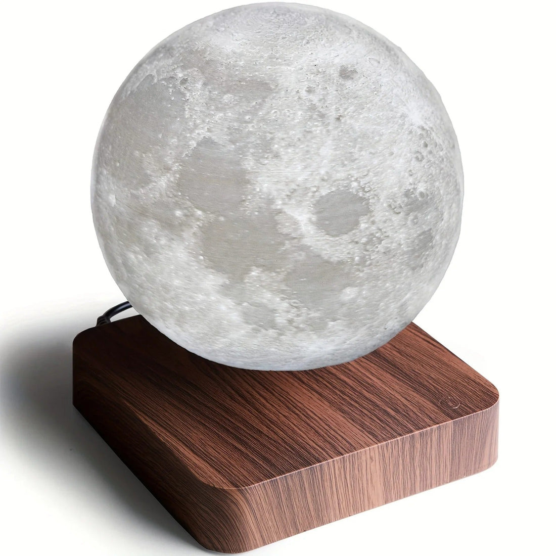 Schwebende Mondlampe mit Magnetschwebetechnik für Schlafzimmer, Büro und Regal – Ø ca. 14 cm, selbst drehend, Sockel in Holzoptik, USB-Betrieb