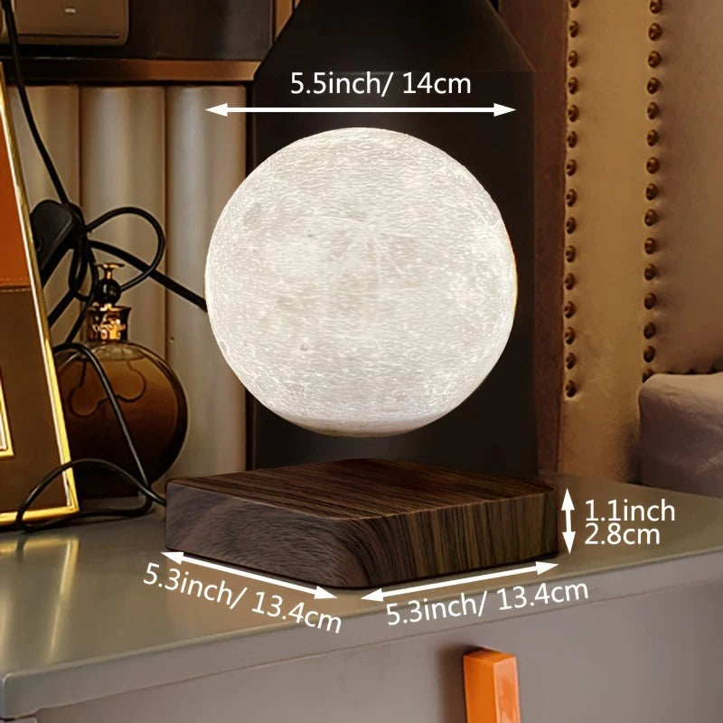 Schwebende Mondlampe mit Magnetschwebetechnik für Schlafzimmer, Büro und Regal – Ø ca. 14 cm, selbst drehend, Sockel in Holzoptik, USB-Betrieb