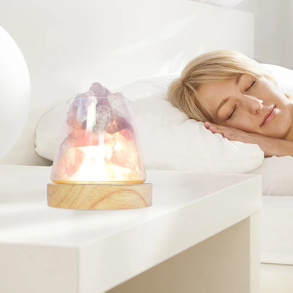 Kristall-Nachtlicht mit Himalaya-Salz unter Glashaube auf Holzsockel für Schlafzimmer und Wohnzimmer – Duftfunktion für ätherische Öle, warmes Licht