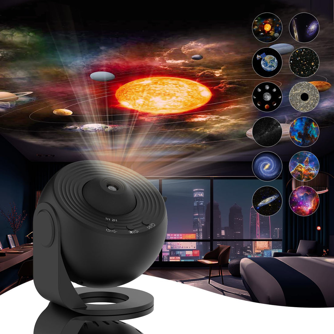 Sternenhimmel-Projektor mit 360°-Rotation und 12 Motivscheiben für Schlafzimmer und Kinderzimmer – Planeten, Galaxien, Fokus einstellbar, Timer