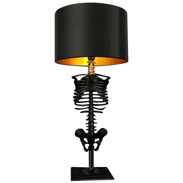 Gothic-Tischlampe mit Skelett-Figur und Stoffschirm für Schlafzimmer und Wohnzimmer – USB-Betrieb, 5-W-LED, Kunstharz, ca. 35 cm hoch
