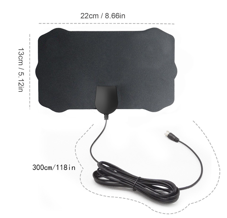 Flache HDTV-Zimmerantenne für Wohnzimmer, Schlafzimmer und Gästezimmer – 22 × 13 cm, 3 m Koaxialkabel, ohne Dachmontage, Schwarz