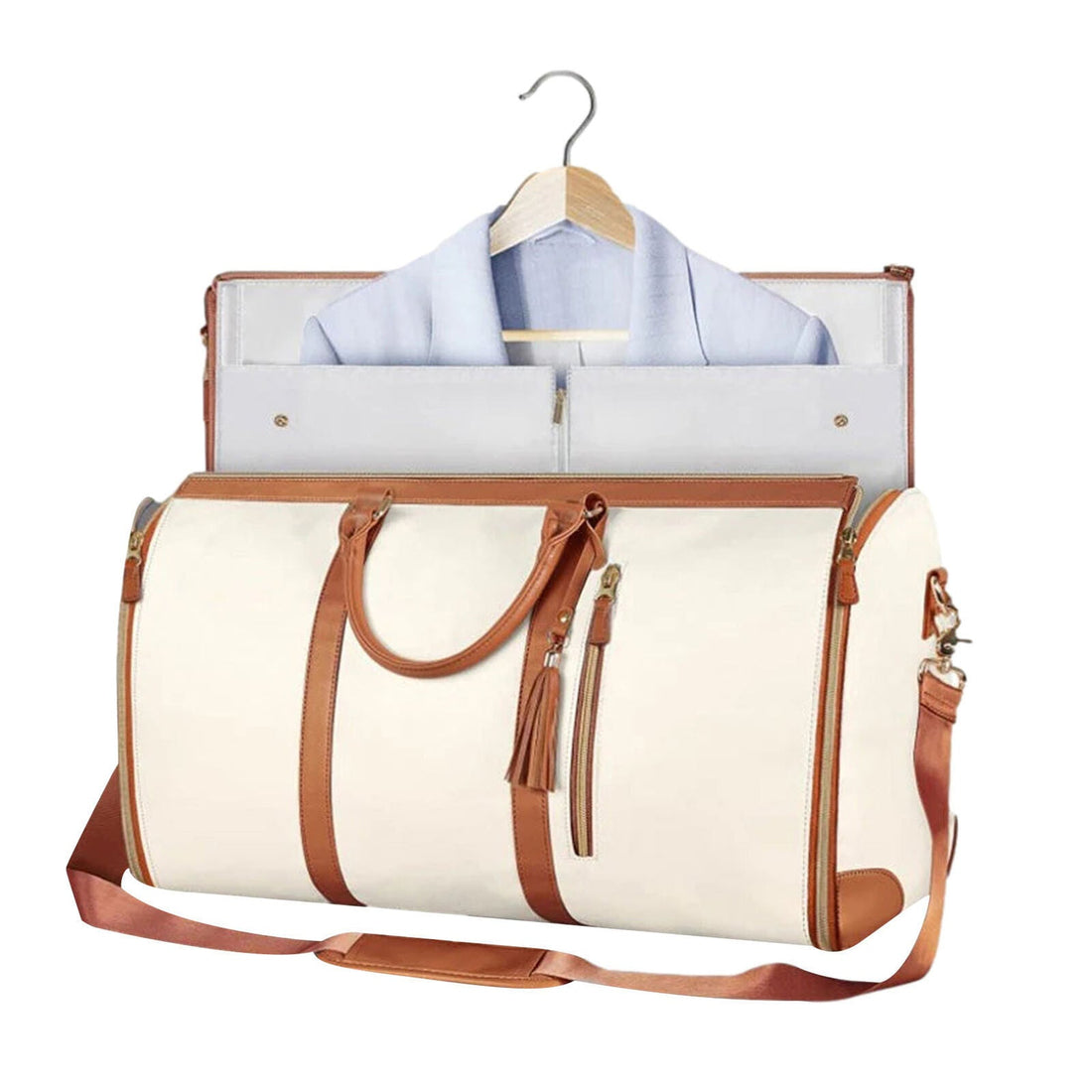 Faltbare Kleidersack-Reisetasche mit Bügelhaken und transparentem Beutel für Geschäftsreise und Flug – Schultergurt, 2 Griffe, Rosa, Creme, Schwarz