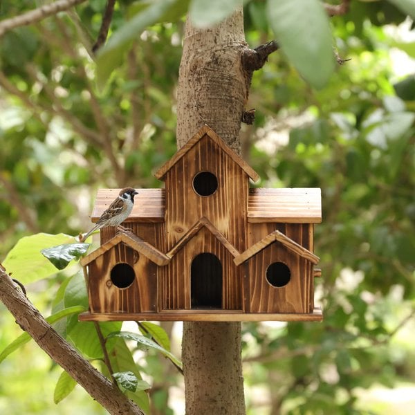 Handgefertigtes Vogelhaus aus Holz mit 6 Einfluglöchern für Garten, Balkon und Terrasse – natürliche Holzoptik, zum Aufhängen oder Aufstellen
