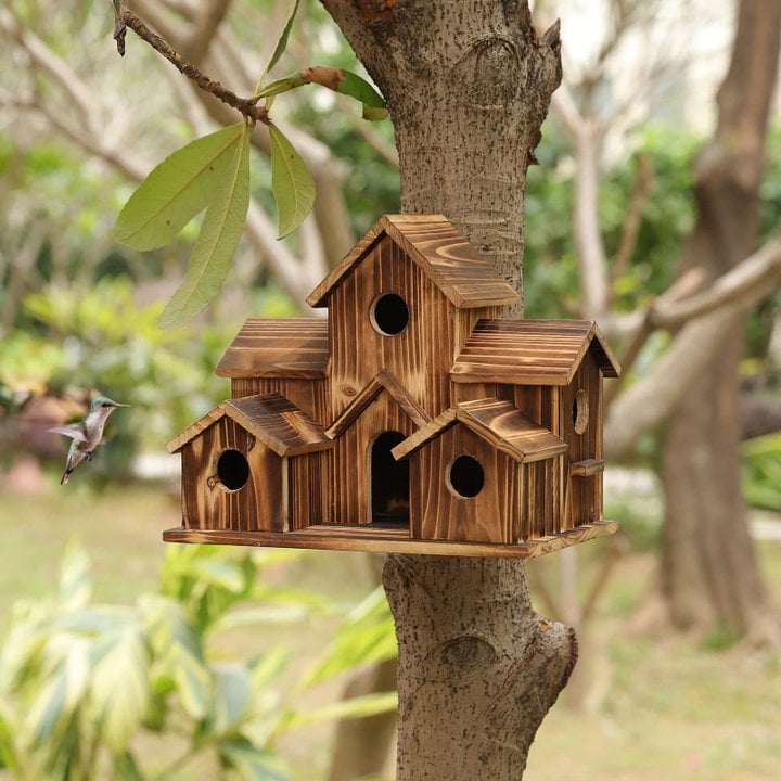 Handgefertigtes Vogelhaus aus Holz mit 6 Einfluglöchern für Garten, Balkon und Terrasse – natürliche Holzoptik, zum Aufhängen oder Aufstellen