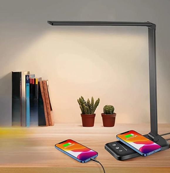 LED-Tischlampe mit kabelloser Ladefläche und USB-Anschluss für Schreibtisch und Nachttisch – verstellbar, 3 Helligkeitsstufen, Touch, in Schwarz, Weiß