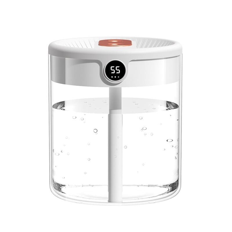 Luftbefeuchter mit 2-Liter-Wassertank und zwei Nebelauslässen für Schlafzimmer, Wohnzimmer und Büro – Display, warmes Nachtlicht, transparenter Tank