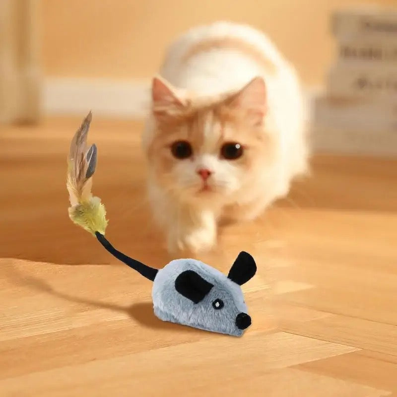 Elektrische Spielmaus für Katzen mit 360°-Bewegung und Federschwanz – Plüsch, USB-Akku, Hinderniserkennung, ca. 24–26 cm lang, Braun oder Grau
