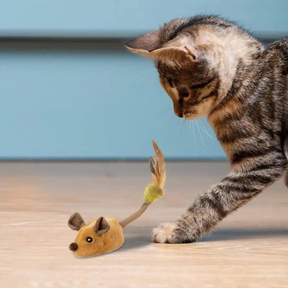 Elektrische Spielmaus für Katzen mit 360°-Bewegung und Federschwanz – Plüsch, USB-Akku, Hinderniserkennung, ca. 24–26 cm lang, Braun oder Grau
