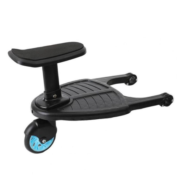 Kinderwagen-Mitfahrbrett mit Sitz für Geschwisterkinder zum Stehen oder Sitzen – universal, höhen- und breitenverstellbar, Rollen schwarz, blau, rosa