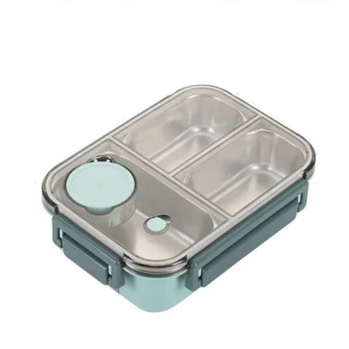 Bento-Lunchbox mit Edelstahleinsatz und Fächern für Büro, Schule und Ausflüge – Soßenbecher, Deckel mit 4 Klappverschlüssen, 3 Farben