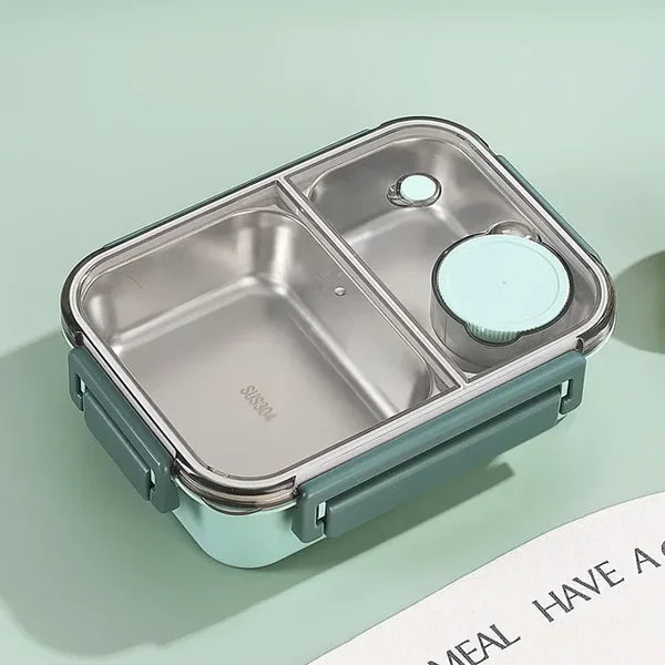 Bento-Lunchbox mit Edelstahleinsatz und Fächern für Büro, Schule und Ausflüge – Soßenbecher, Deckel mit 4 Klappverschlüssen, 3 Farben
