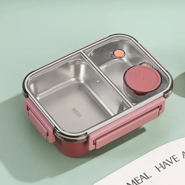 Bento-Lunchbox mit Edelstahleinsatz und Fächern für Büro, Schule und Ausflüge – Soßenbecher, Deckel mit 4 Klappverschlüssen, 3 Farben